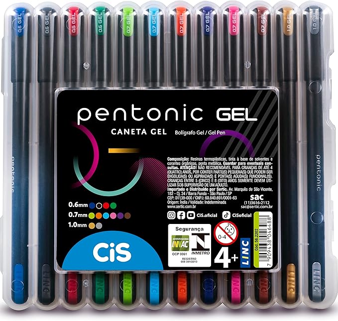 Caneta Gel Pentonic, Estojo com 12 Cores Sortidas